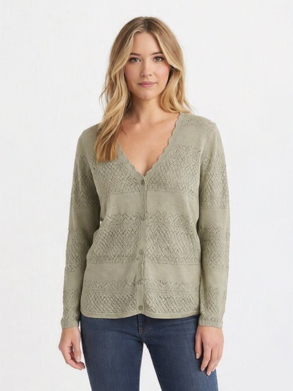 Frye Scalloped Knit Cardigan Sweater - Light Olive Green, Size M